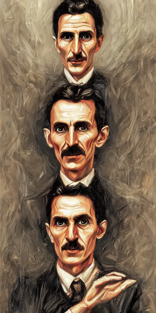 Image similar to nikola tesla holding energy psytrance portrait artwork, by sam spratt