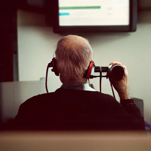 Image similar to In an call centre office, A skinny old Man with a old television strapped to his back ,flexible industrial pipes join his ears and mouth to the television, fibres trial on the floor ,Kodak portra 400