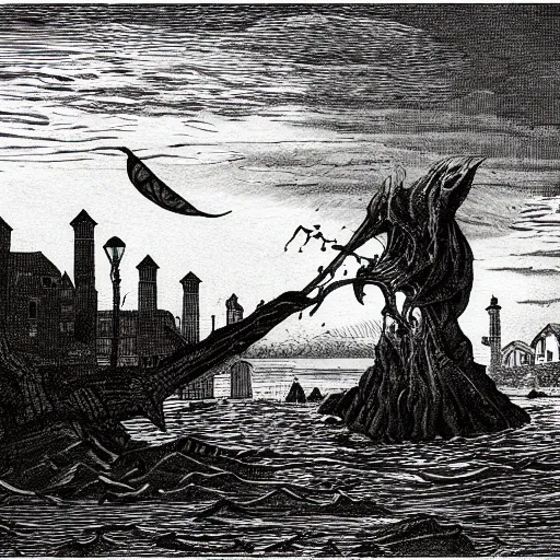 Prompt: Innsmouth by H.P. Lovecraft, fishing town, scenic image, dramatic lighting, drawing, illustration by Gustav Doré