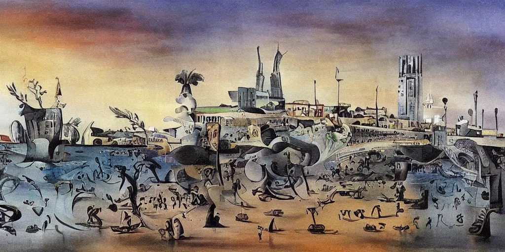 Prompt: future city of lisbon as painting by Dali