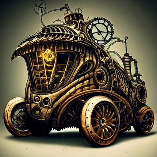 Image similar to biomechanical steampunk vehicle reminiscent of fast sportscar with robotic parts and (glowing) headlights parked in ancient lush palace, gothic and baroque, brutalist architecture, ultradetailed, creepy ambiance, fog, artgerm, giger, Intricate by Ellen Jewett and Josan Gonzalez and Giuseppe Arcimboldo