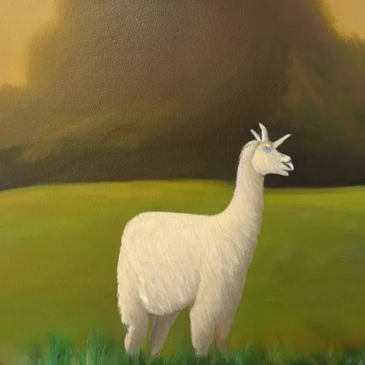 Prompt: oil painting by milla is of a white llama in a meadow at dawn