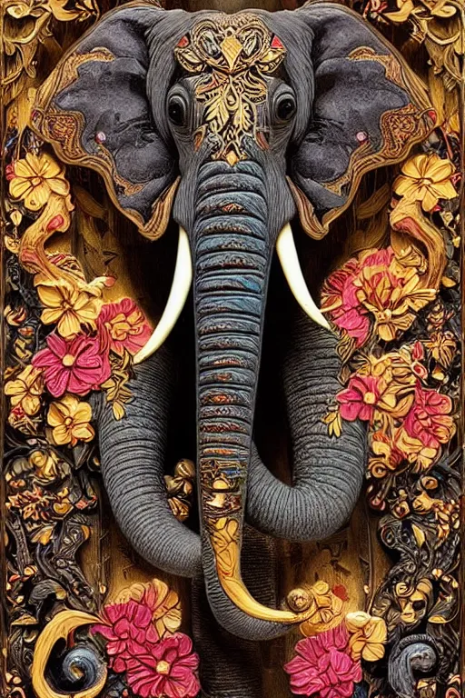 Image similar to Painted dark-wood relief carving of a Flowerpunk Matriarch Elephant, explosion of colorful flowers, dark wood, intricately carved, black ink, festival of rich colors, intricate details, cinematic lighting, volumetric lighting, post-processing, by andreas rocha and john howe, and Martin Johnson Heade, featured on artstation, featured on behance, golden ratio, hyper detailed, photorealistic, epic composition, center spotlight, f32, well composed, UE5, 8k