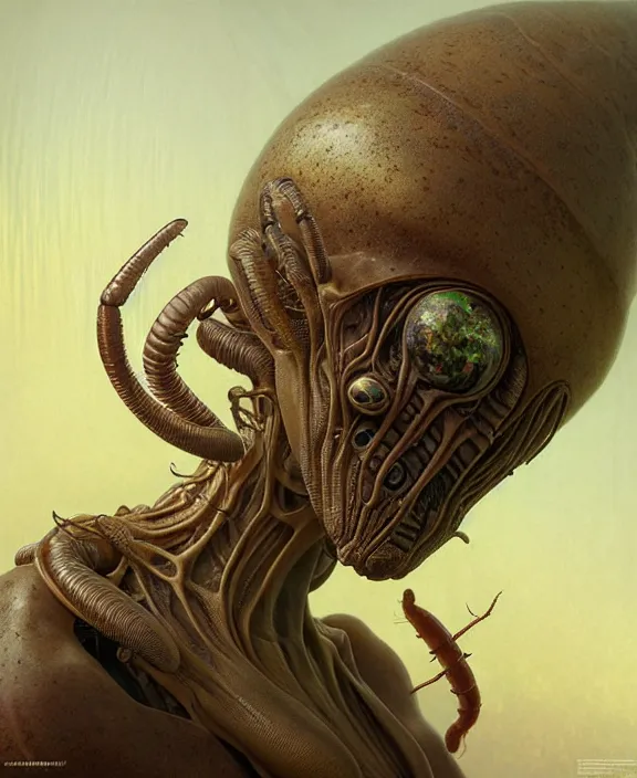 Prompt: intricate earth - toned portrait of a comforting alien insect creature, mottling coloring, adorable, childlike, overgrown environment, ultra realistic, concept art, maximalist, photorealistic, octane render, 8 k, unreal engine. art by christopher marley and artgerm and greg rutkowski and alphonse mucha