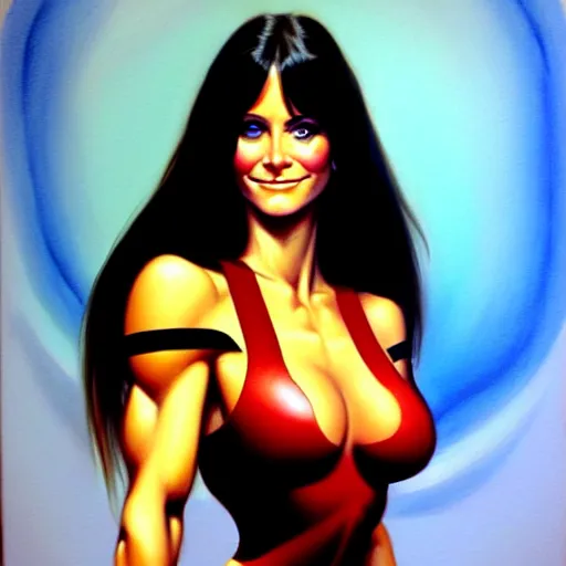 Image similar to full body portrait of young courtney cox as an amazon girl, painted by stanley artgerm, boris vallejo, fantasy art, sleek curves, sharp focus, trending on artstation hq, deviantart