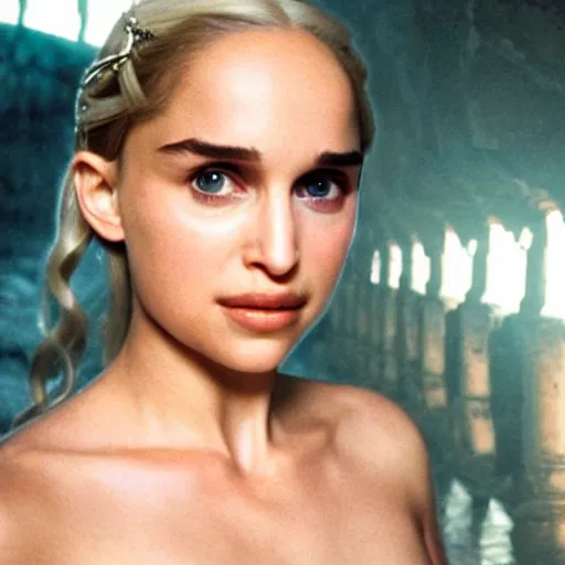 Prompt: a selfie of daenerys targaryen played by a young natalie portman, smooth skin, light violet eyes, ethereal beauty, medium shot, detailed eyes, vivid, golden hour