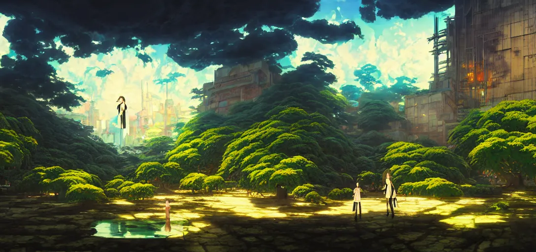 Image similar to baroque oil painting of anime key visual environment concept art of a garden of eden in a cyberpunk world, brutalist, dark fantasy, rule of thirds, digital cel shading, fake hidden detail, trending on pixiv fanbox, acrylic palette knife and brush, style of makoto shinkai studio ghibli jamie wyeth james gilleard greg rutkowski