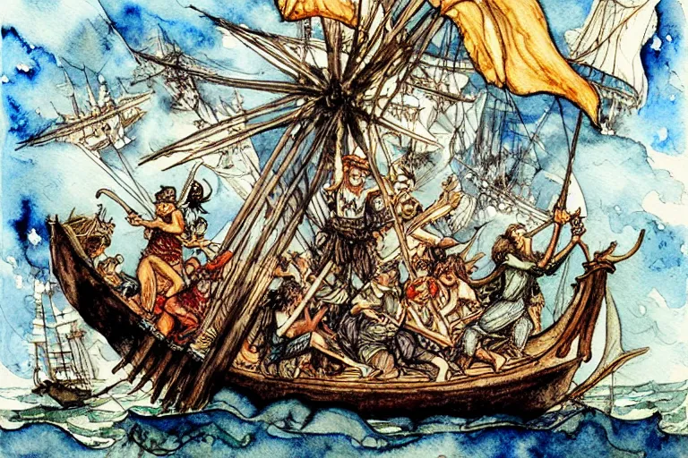 Image similar to sirens raid a pirate ship and attack everyone onboard watercolor painting, art by walter crane and arthur rackham, illustration style, watercolor