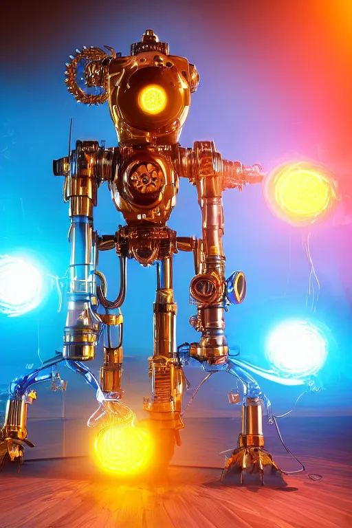 Prompt: portrait photo of a giant huge golden and blue metal humanoid steampunk robot vaccuum cleaner, with gears and tubes, in the hand are mop and bucket, eyes are glowing red lightbulbs, shiny crisp finish, 3 d render, 8 k, insaneley detailed, fluorescent colors, background is multicolored lasershow