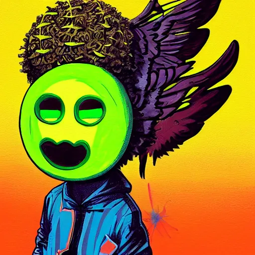 Image similar to a tennis ball monster with angel halo and wings, balaclava, tennis ball, urban, hip hop, rap, colorful, digital art, fantasy, magic, trending on artstation, ultra detailed, professional illustration by Basil Gogos