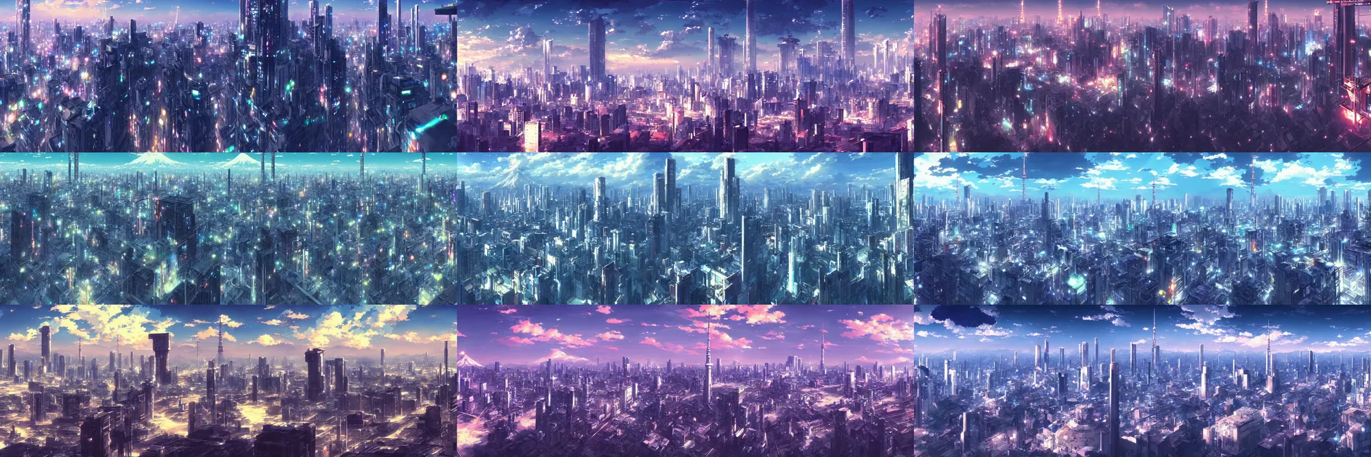 Prompt: a detailed matte painting of futuristic science fiction Tokyo city from the makoto shinkai anime film kimi no ka wa, a city and highrise buildings, official art, cinematic view, HD wallpaper