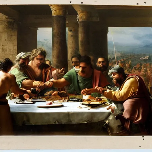 Prompt: Two men arguing at a crowded table at a Roman feast, beautiful and realistic matte painting