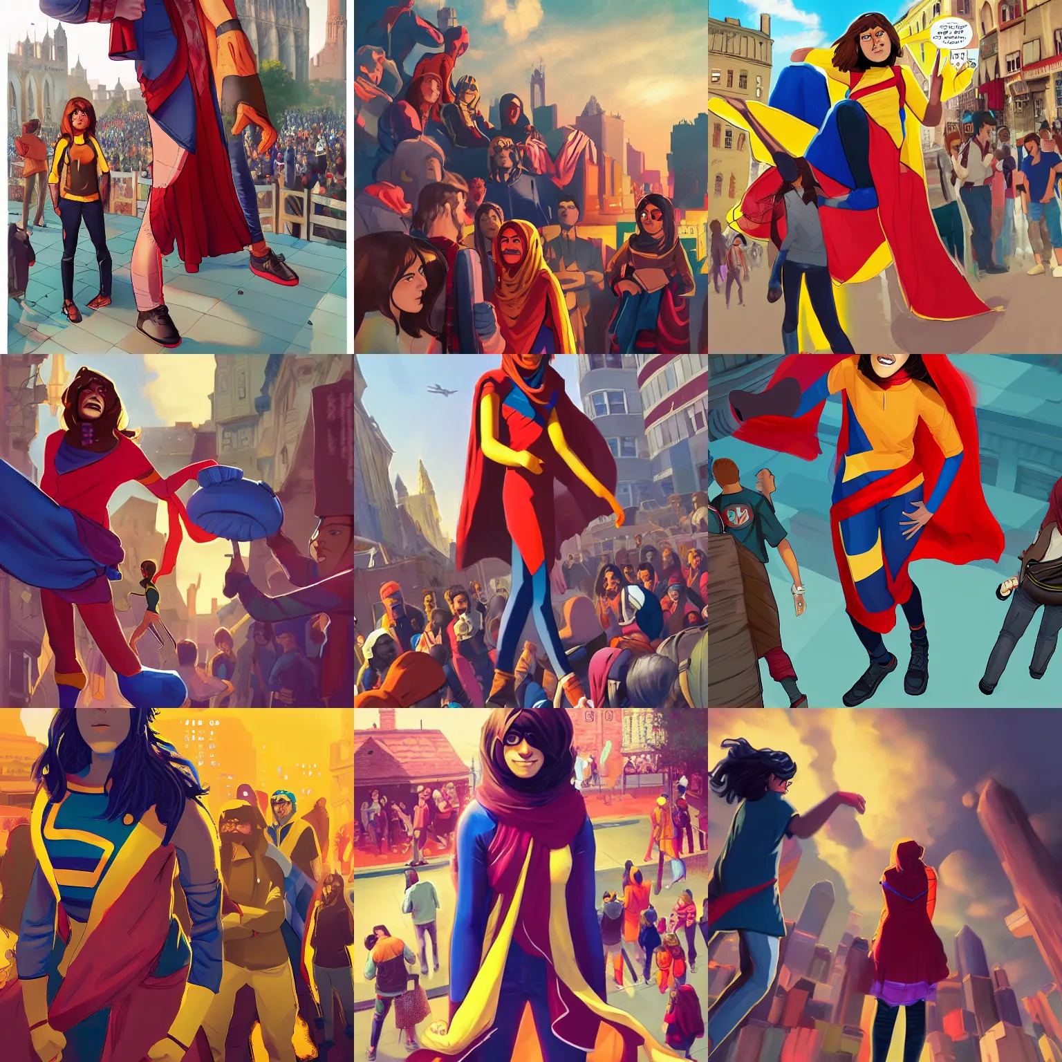 Prompt: Giant Kamala Khan stands next to Canterbury, surrounded by people, digital art, trending on ArtStation, Gulliver's Travels