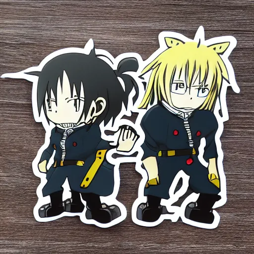 Image similar to die cut sticker, full metal alchemist al and alphons, splatter paint