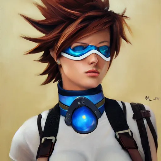 prompthunt: oil painting of tracer overwatch in a field wearing large  leather belt choker around neck, in style of mark arian, expressive face,  detailed face, detailed eyes, full body, feminine face, tracer