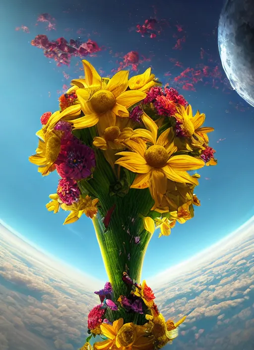 Image similar to An epic fantastic realism comic book style painting of the most beautiful flowers launched into space, bouquets, solar eclipse, fisheye, unreal 5, DAZ, hyperrealistic, octane render, dynamic lighting