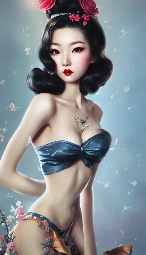 Image similar to a pin up and beautiful fashion and charming and dreamlke asian girl, lv jewelry, art by artgerm & jeehyung lee & wlop, hyperdetailed, 8 k realistic, symmetrical, frostbite 3 engine, cryengine, dof, trending on artstation, digital art