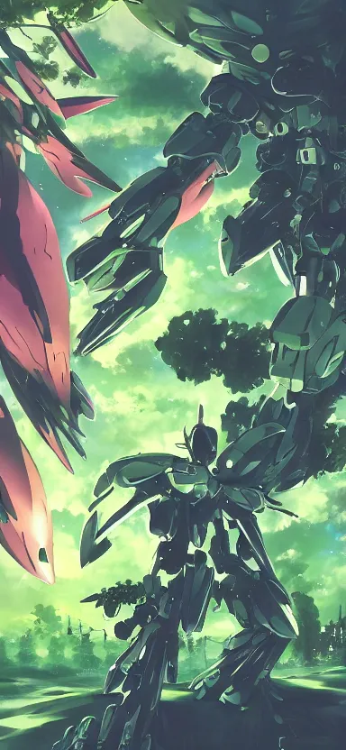 Prompt: giant humanoid plant mecha, forest, key art, aesthetic, anime, shigeto koyama, hiroyuki imaishi