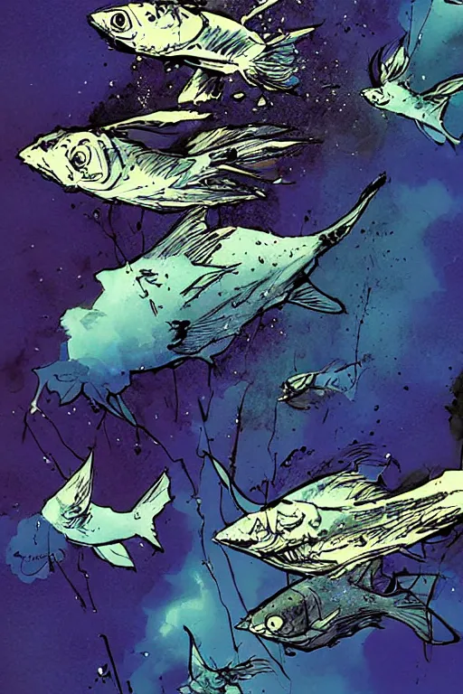 Image similar to fish flying through the sky, graphic novel, high contrast, by bill sienkiewicz