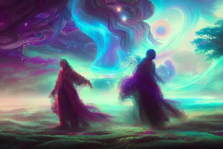 Image similar to a psychedelic realm at the edge of the known universe, astral beings sharing love!!!!, in the style of greg rutkowski! and wlop and lisa frank! and bob ross!!! and ruan jia, illustration, epic, fantasy, hyper detailed, smooth, unreal engine, sharp focus, ray tracing