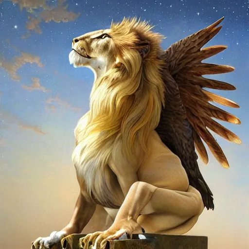 Image similar to a realistic oil painting of a winged lion's body with an eagle!! head, at sunset with a sky full of stars, highly detailed, trending on artstation, by james gurney and michael whelan and krenz cushart and alphonse mucha