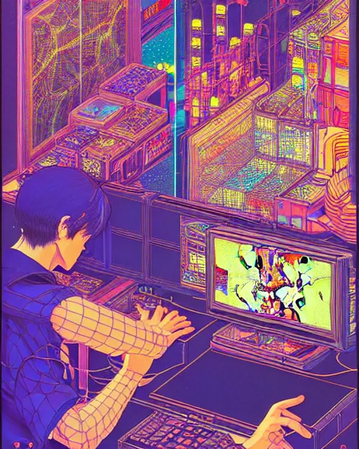 Prompt: hyper detailed illustration of a boy sitting in front of a computer and playing 3 d tetris, intricate linework, lighting poster by moebius, ayami kojima, 9 0's anime, retro fantasy