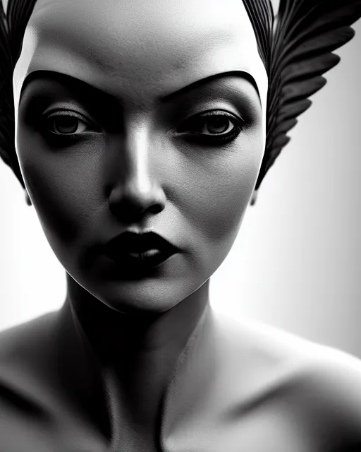 Image similar to surreal mythical dreamy dark artistic black and white fine art photo of a female - orchid - bird - cyborg bust, rim light, cinematic, studio dramatic light, poetic, octane render, 8 k, photo - realistic