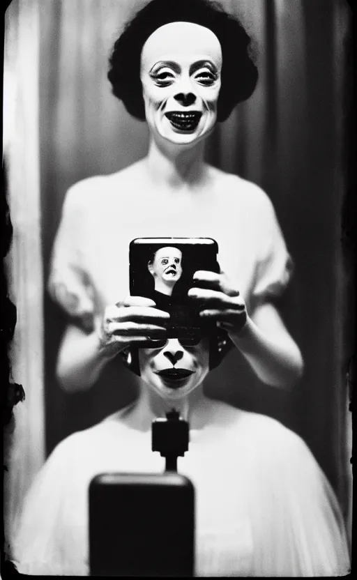 Prompt: kodak portra 4 0 0, wetplate, narrow shot, award - winning black and white portrait by britt marling of classic 1 9 3 5 elsa lanchester as the bride of frankestein smiling while taking a selfie in a lab, creepy, universal horror movie,
