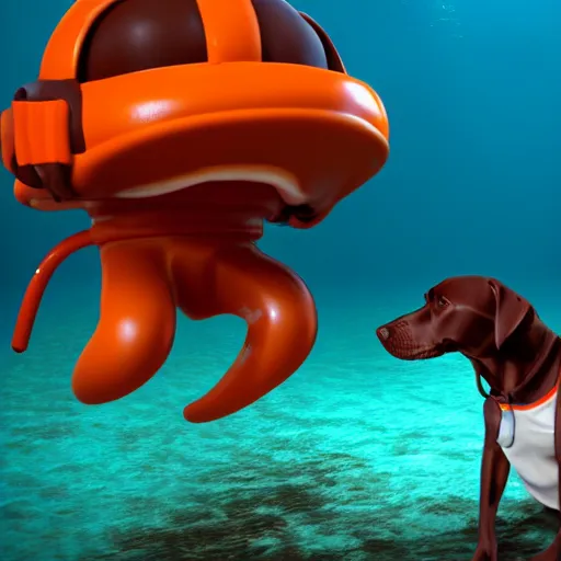 Image similar to lifeguard chocolate lab, 3 d model, hyperealistic, cartoony, 4 k, ultra quality, orange scuba mask, under the sea, murky lighting, angler fish lurking in the background, artstation, unreal engine