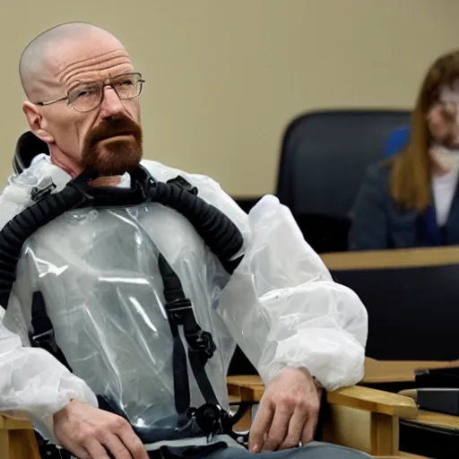 Image similar to walter white with a rough beard, wearing a clear plastic scuba rebreather, sitting in a wheelchair in a courtroom.