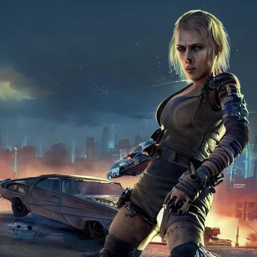 Prompt: Fury Road driver scarlett johansson tragedy in Cyberpunk 2077. CP2077. 3840 x 2160