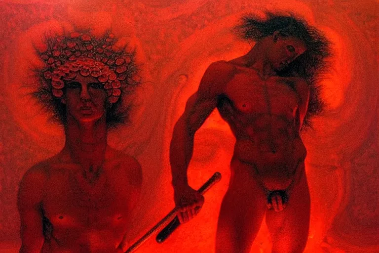 Image similar to only with red, a red melted apollo with a laurel wreath and a flaming sword announce the win, atene in the background, in the style of beksinski, part by hopper, part by rodcenko, part by hofbauer, intricate composition, red by caravaggio, insanely quality, highly detailed, masterpiece, red light, artstation