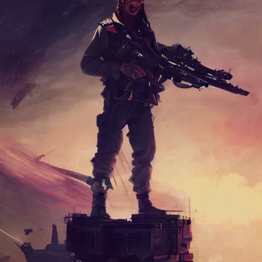 Image similar to a pirate holding a machine gun standing on top of a space ship, art by greg rutkowski