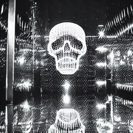 Image similar to a disco skull full of long spikes, reflecting light in a nightclub, grainy film photograph