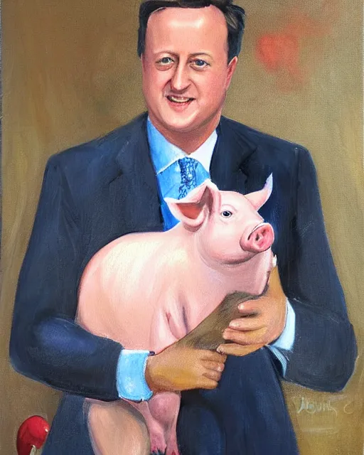 Prompt: a painting of uk politician former prime minister david cameron holding a pig in his arms, 4 k detail