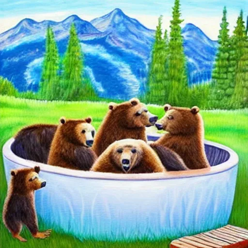 Prompt: grizzly bear family chilling in a hot tub, calming, nature, painting, cute, bob ross.