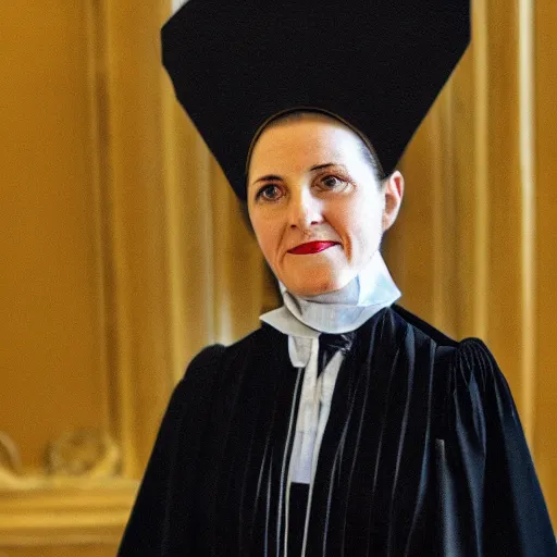 Prompt: photo of a french lawyer wearing a french black court dress, contemporary, color, award - winning, realistic