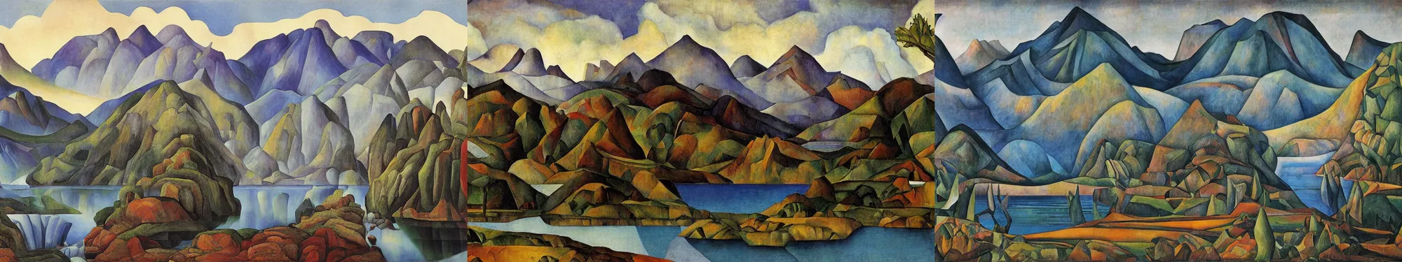 Prompt: lakeside mountains, by diego rivera