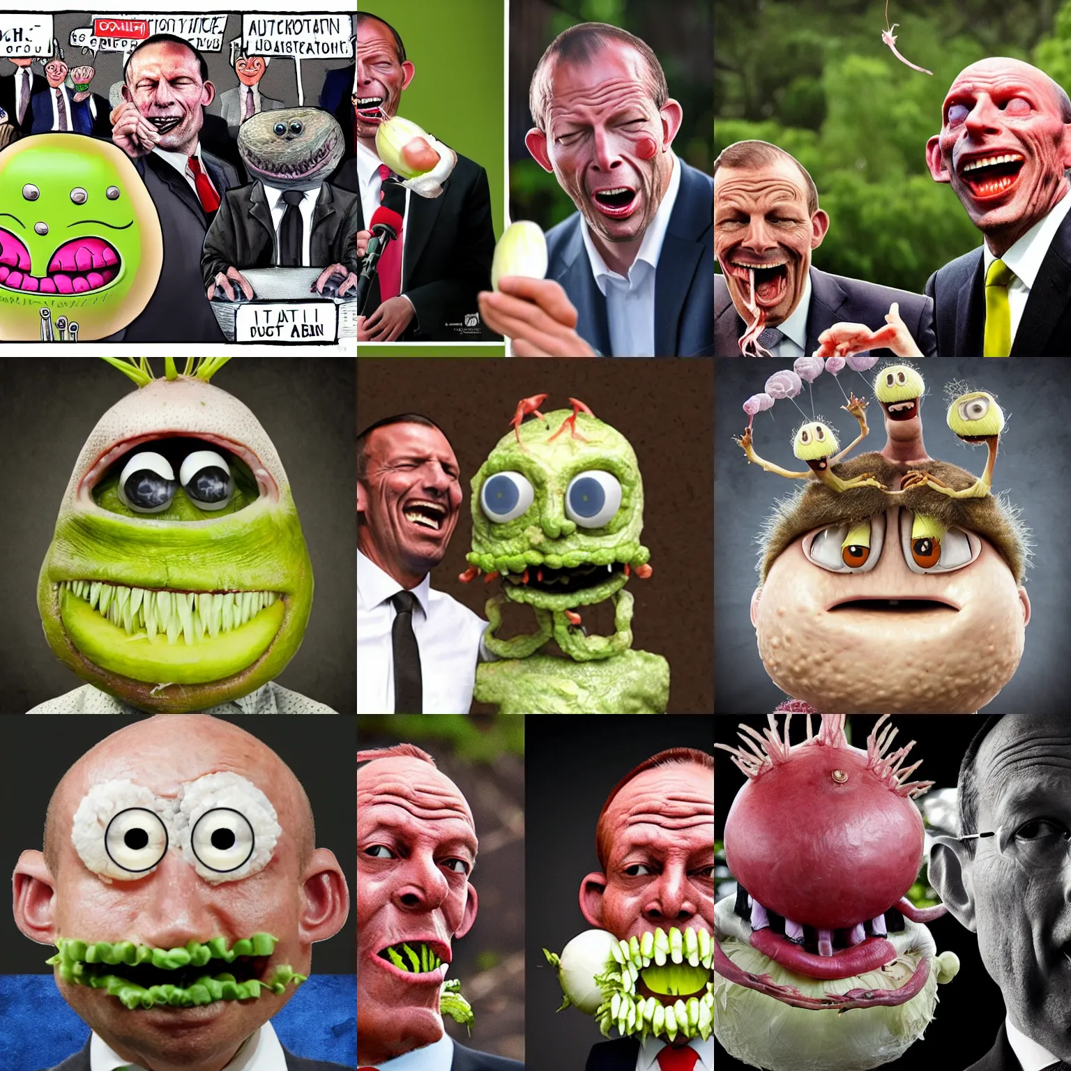 Prompt: anthropomorphic raw onion monster eating tony abbott on thecampaign trail, highly detailed photo, retouched in photoshop, detailed face, symmetrical eyes