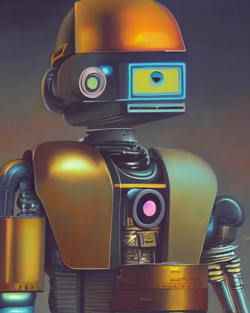 Image similar to a robot made of 8 0 s era technology, vintage shapes, retro technology, vintage color, wayne barlow, oil on canvas, deep depth of field, masterpiece, cinematic composition, hyperdetailed