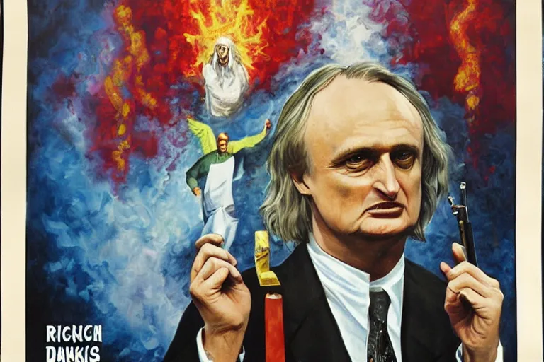 Prompt: painting of Richard Dawkins as High Satanic Priest, in style of Ghana movie poster