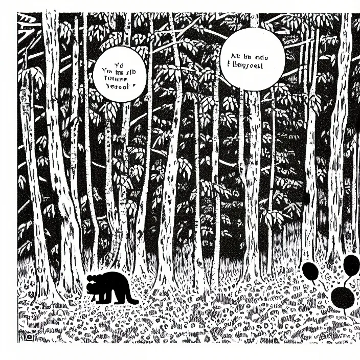 Image similar to a still frame from comic strip, one black furry hairy dog sitting in an ancient forest, centered composition 1 9 5 0, herluf bidstrup, new yorker illustration, monochrome bw, lineart, manga, tadanori yokoo, simplified,