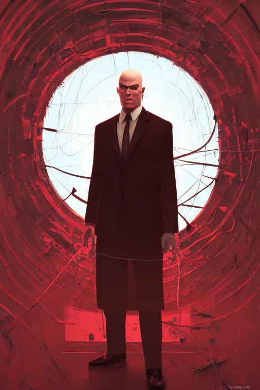 Prompt: an intricate and expressive portrait of agent 4 7 from hitman in a research lab full of clones, dark background, red rim light, highly detailed, digital art, artstation, concept art by giger stalenhag