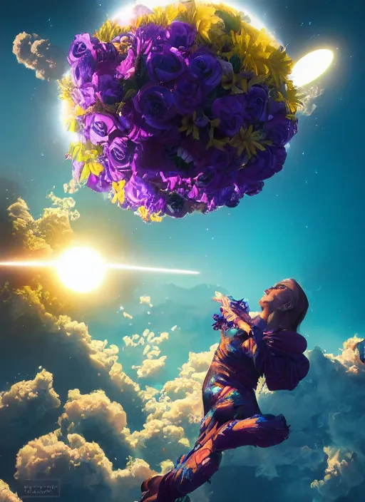 Image similar to An epic fantastic realism comic book style painting of the most beautiful flowers launched into space, bouquets, solar eclipse, fisheye, unreal 5, DAZ, hyperrealistic, octane render, dynamic lighting