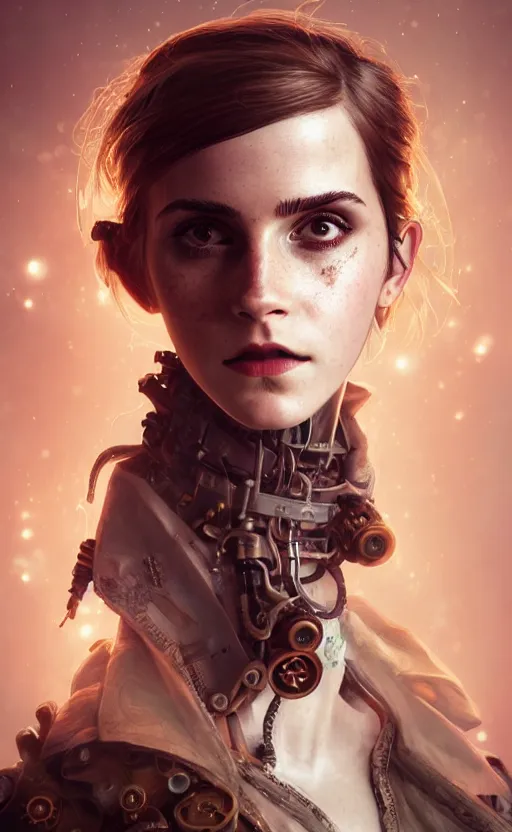 Image similar to steampunk biopunk portrait of emma watson, au naturel, hyper detailed, digital art, trending in artstation, cinematic lighting, studio quality, smooth render, unreal engine 5 rendered, octane rendered, art style by klimt and nixeu and ian sprigger and wlop and krenz cushart.