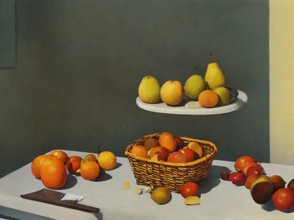 Image similar to 70s living room table with fruit basket, fine art, still life, the shinning stanley kubrick, god ray, cinematic, realistic, detailed, close up, volumetric lighting, painting in the style of Edward Hopper