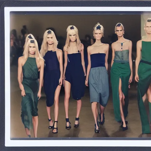 Prompt: a portrait of runway models, realistic, polaroid, navy blue and green
