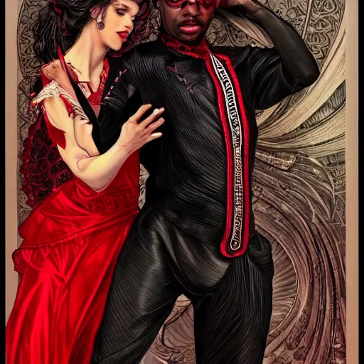 Image similar to a photograpic portrait of a black man dancing with a female devil wearing red clothes, fantasy, intricate, elegant, highly detailed, digital painting, artstation, concept art, smooth, sharp focus, illustration, art by artgerm and H R Giger and alphonse mucha