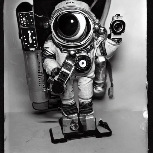 Image similar to an steampunk astronaut mid-space holding a beer can and a vintage camera. vintage photo