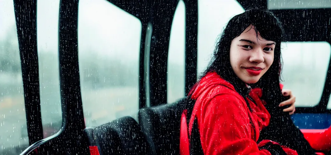 Image similar to Girl with red and black hair riding the bus on a rainy day, 8k photography, wide-shot